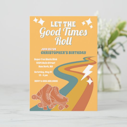 Roller Schaats Retro Groovy Verjaardagsuitnodiging Kaart (Staand voorkant)