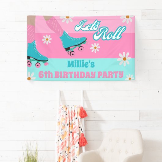 Roller schaats Retro Regenboog Verjaardagsfeest Spandoek (Insitu)