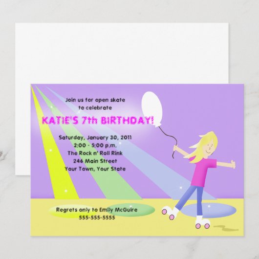 ROLLER SCHAATS Rollerskating 5x7 Birthday - Blonde Kaart (Voorkant / Achterkant)