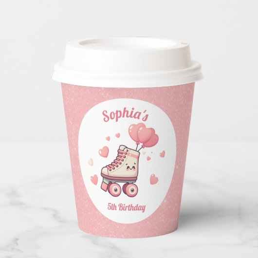 Roller Schaats Roze Glitter Meisje Verjaardagsfees Papieren Bekers (Voorkant)