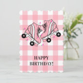 Roller Schaats Schaatsen Roze Gingham Verjaardag Feestdagenkaart (Staand voorkant)