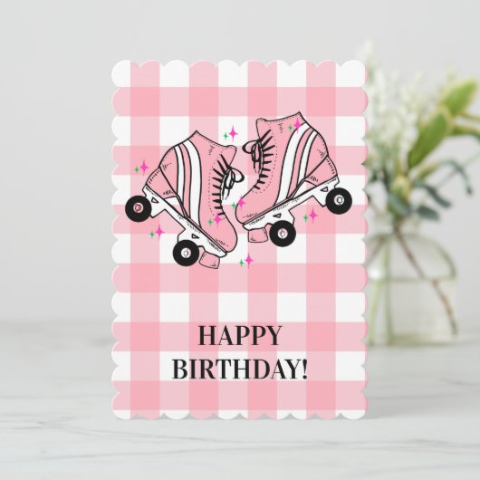Roller Schaats Schaatsen Roze Gingham Verjaardag Feestdagenkaart (Staand voorkant)