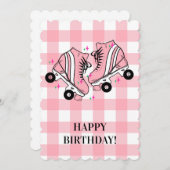 Roller Schaats Schaatsen Roze Gingham Verjaardag Feestdagenkaart (Voorkant / Achterkant)