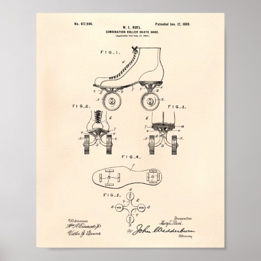 Roller Schaats Shoe 1899 Patent Art Old Peper Poster (Voorkant)