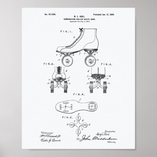 Roller Schaats Shoe 1899 Patent Art-witboek Poster (Voorkant)