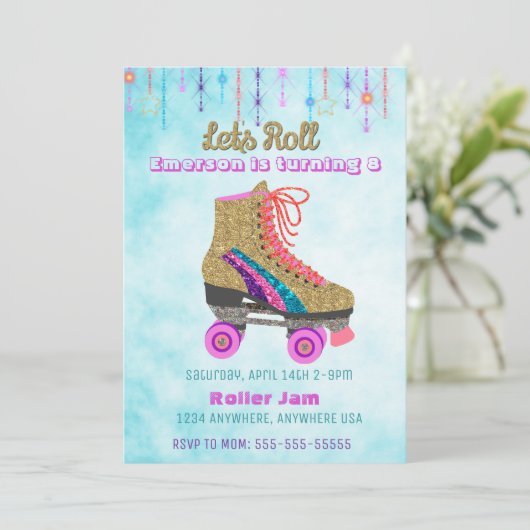 Roller schaats, skating Party, Roller Disco glitte Kaart (Staand voorkant)