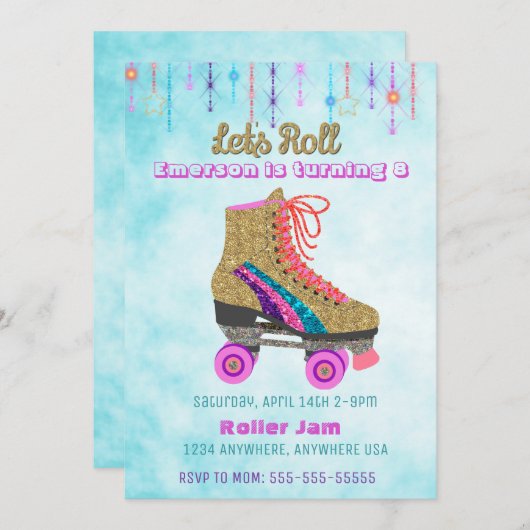 Roller schaats, skating Party, Roller Disco glitte Kaart (Voorkant / Achterkant)