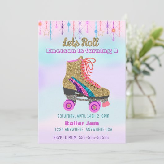 Roller schaats, skating Party, Roller Disco glitte Kaart (Staand voorkant)