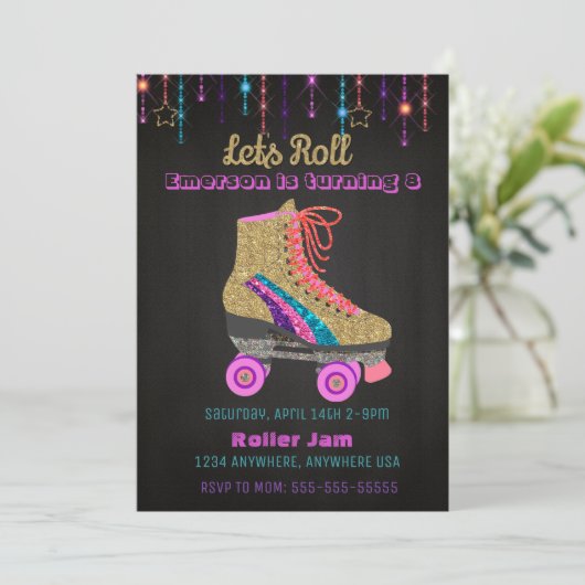 Roller schaats, skating Party, Roller Disco glitte Kaart (Staand voorkant)