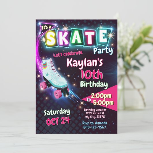 Roller schaats verjaardagsuitnodiging Meisjes Kaart (Staand voorkant)