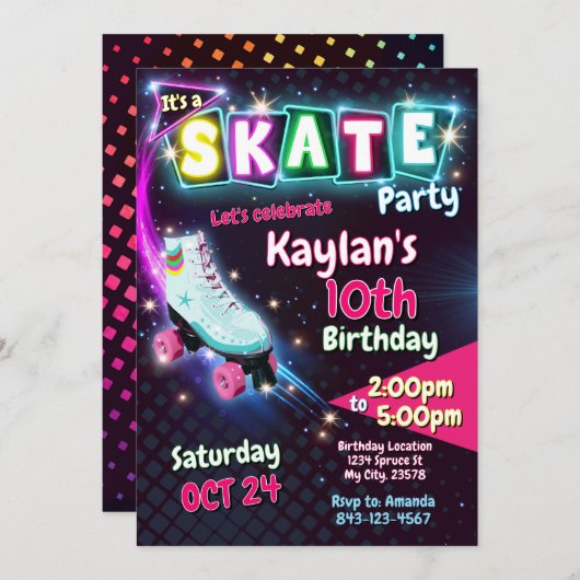 Roller schaats verjaardagsuitnodiging Meisjes Kaart (Voorkant / Achterkant)