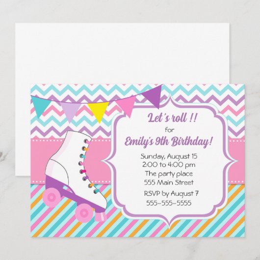 Roller schaatsen meisje verjaardagsuitnodiging roz kaart (Voorkant / Achterkant)