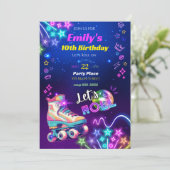 Roller schaatsen verjaardagsuitnodiging neon retro kaart (Staand voorkant)