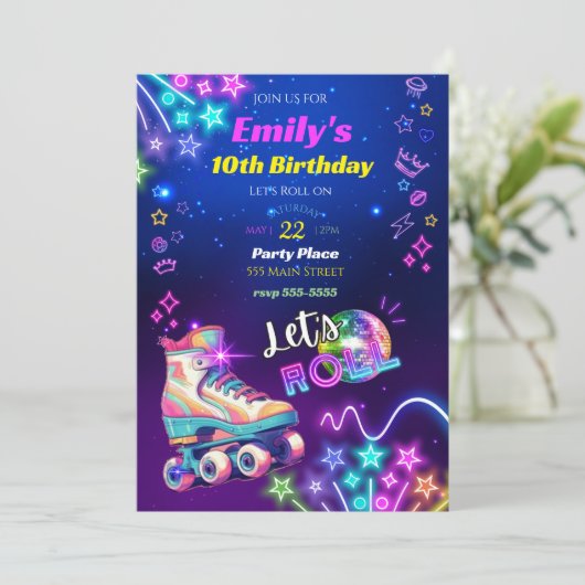 Roller schaatsen verjaardagsuitnodiging neon retro kaart (Staand voorkant)