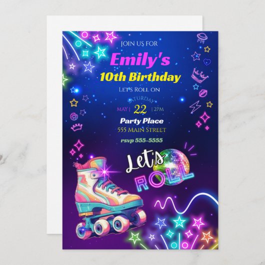 Roller schaatsen verjaardagsuitnodiging neon retro kaart (Voorkant / Achterkant)