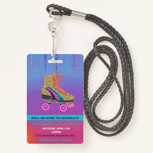Roller SKate feestje, VIP Pas, Uitnodiging, Glitte Badge (Achterkant met draagriem)