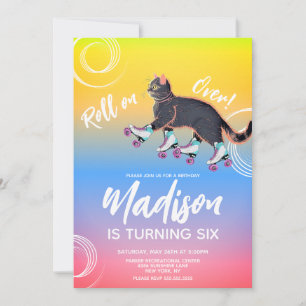Roller Skates Kitten Zwart Regenboog Verjaardagsfe Kaart