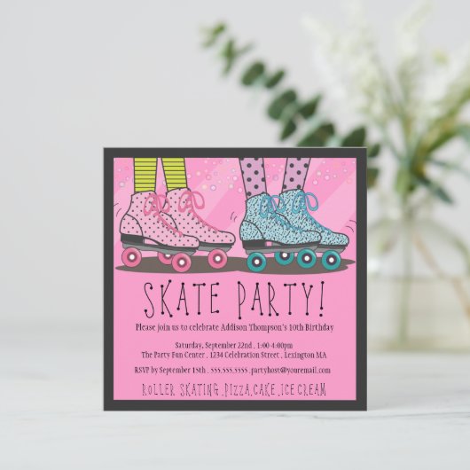 Roller Skating Birthday Party Invitation Kaart (Staand voorkant)