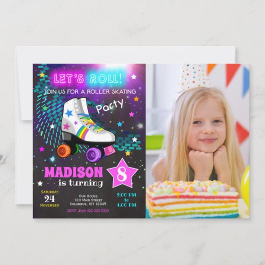 Roller Skating Birthday Party Invitation / Neon Kaart (Voorkant)