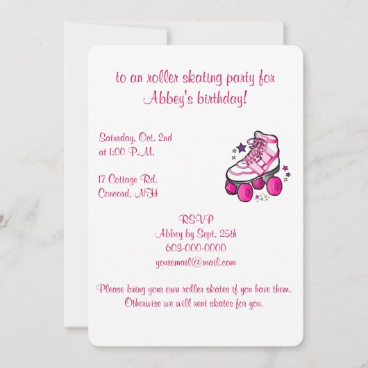 Roller Skating Birthday Party Invitation on White Kaart (Achterkant)