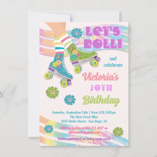 Roller Skating Retro Glitter Hippie Birthday Kaart (Voorkant)