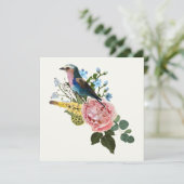 Roller vogel en bruine tuin, tropische bloemen. kaart (Staand voorkant)