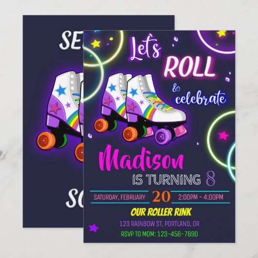 Rollers verjaardagsuitnodiging Girl Skating-uitnod Kaart (Voorkant / Achterkant)