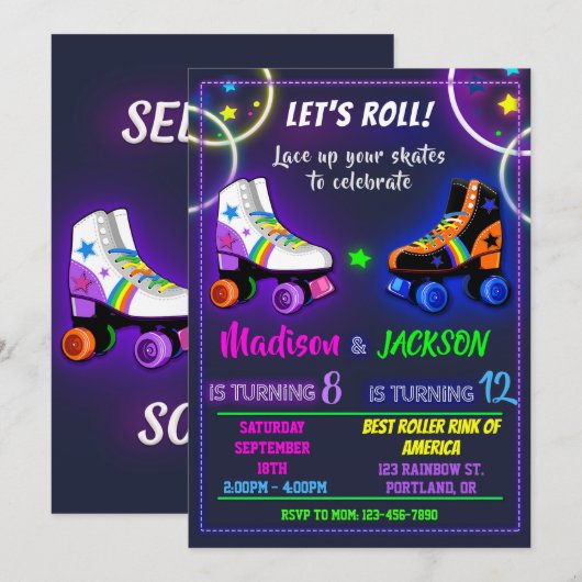 Rollers verjaardagsuitnodiging voor jongen en meis kaart (Voorkant / Achterkant)