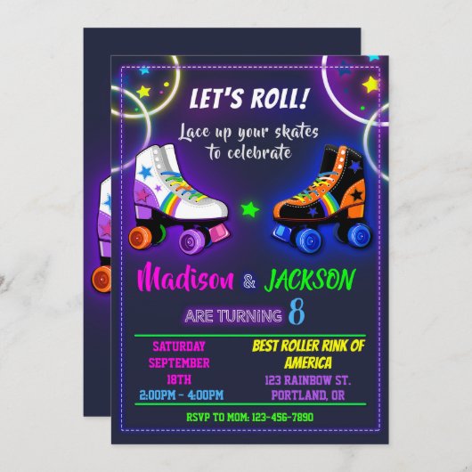 Rollers verjaardagsuitnodiging voor jongen en meis kaart (Voorkant / Achterkant)