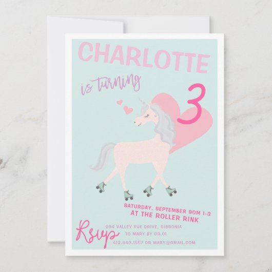 RollerScate Unicorn verjaardagsuitnodiging Kaart (Voorkant)