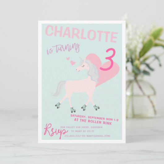 RollerScate Unicorn verjaardagsuitnodiging Kaart (Staand voorkant)