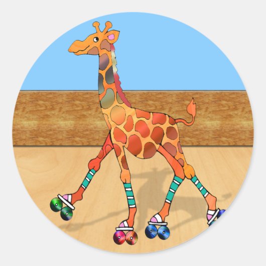 Rollerschaatsen Giraffe bij de Rollenroze Ronde Sticker (Voorkant)