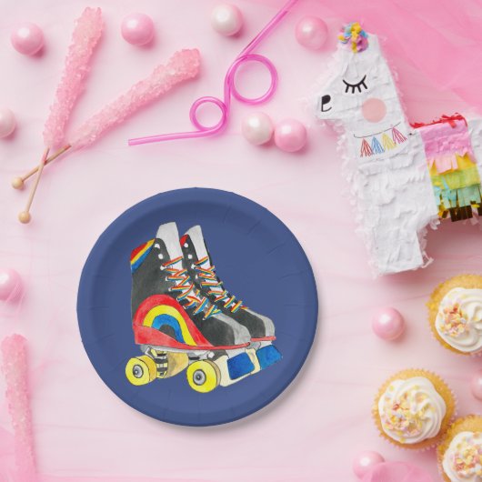 Rollerskates retro-tachtigheden papieren bordje (Feest)
