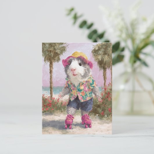 Rollerskating Guinee Pig op het strand Briefkaart (Staand voorkant)