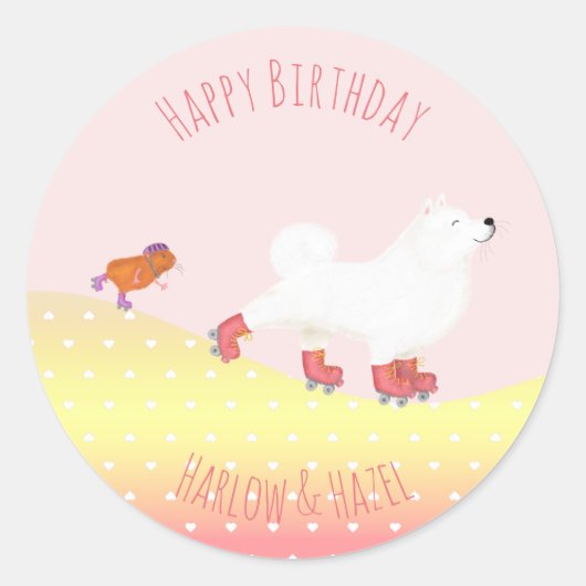 Rollerskating hond & cavia rond stickers (Voorkant)