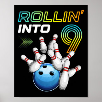 Rollin in 9 Retro Bowling Birthday Party 9th Bir Poster