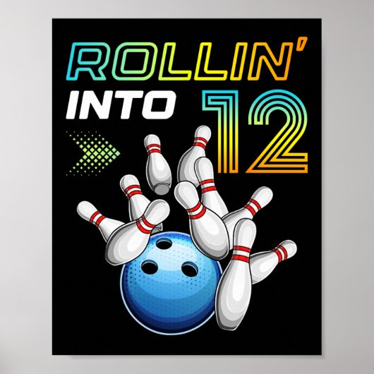 Rollin Into 12 Retro Bowling Birthday Party 12th B Poster (Voorkant)