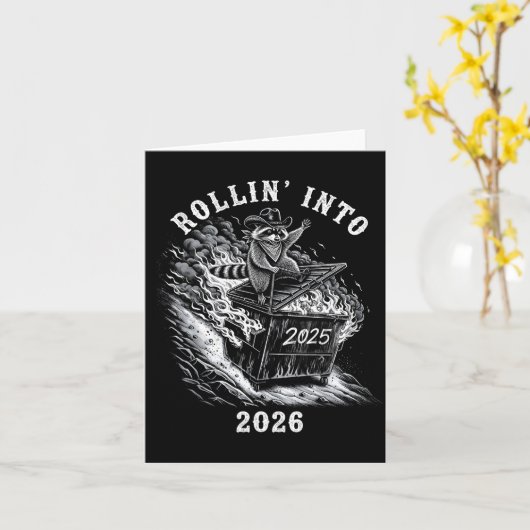 Rollin' Into 2026 Funny Cowboy Raccoon Happy New Y Kaart (Gele Bloem)