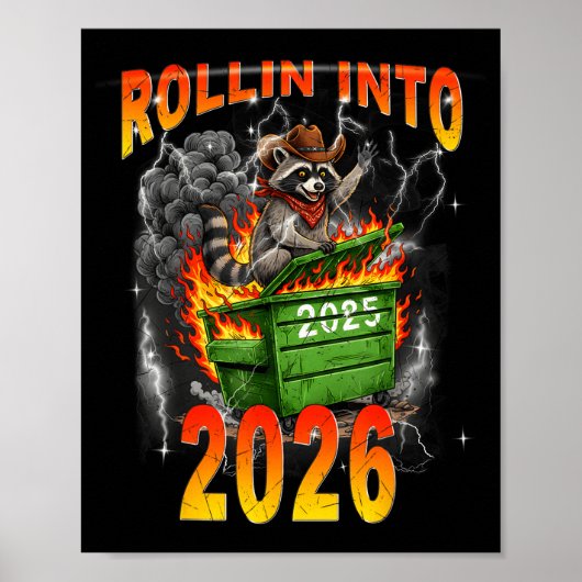Rollin Into 2026 New Year 2026 Raccoon Cowboy Vint Poster (Voorkant)