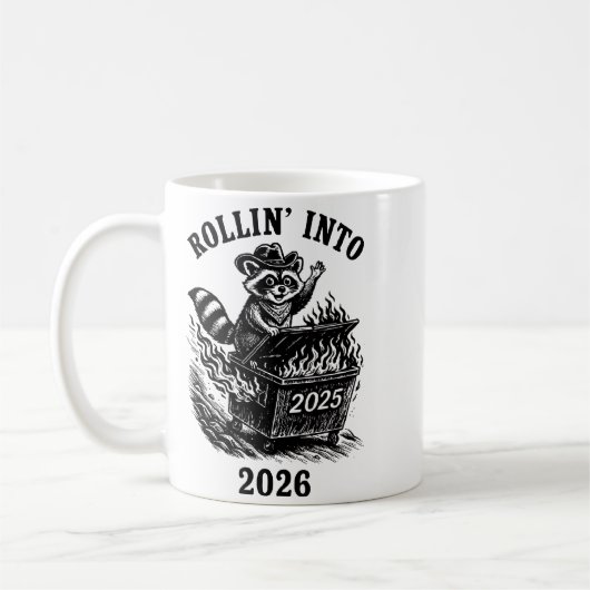 Rollin Into 2026 Raccoon Funny Dumpster Fire 2025  Koffiemok (Links)
