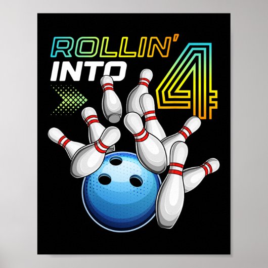 Rollin Into 4 Retro Bowling Birthday Party 4th Bir Poster (Voorkant)