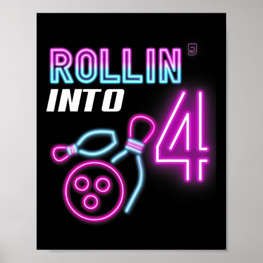 Rollin' Into 4 Verjaardag Party Bowling Bday Party Poster (Voorkant)