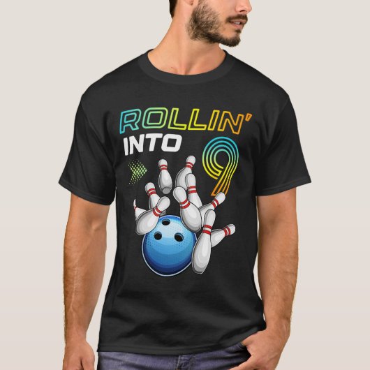 Rollin Into 9 Retro Bowling Birthday Party 9th Bir T-shirt (Voorkant)
