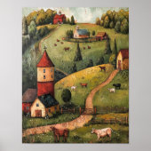 Rolling Hill Boerderij House Folk Art Oil Painting Poster (Voorkant)