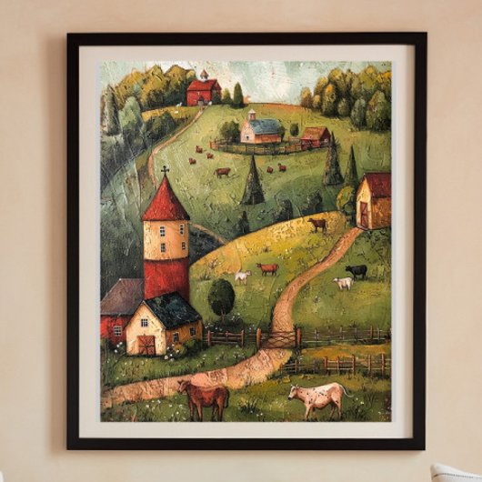 Rolling Hill Boerderij House Folk Art Oil Painting Poster