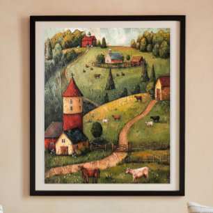 Rolling Hill Boerderij House Folk Art olieverfschi Poster