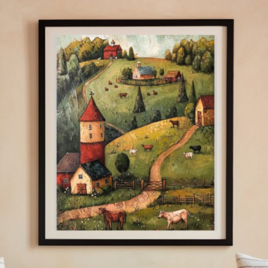Rolling Hill Boerderij House Folk Art olieverfschi Poster