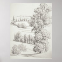 Rolling hills and trees Sketch, vintage etching, 