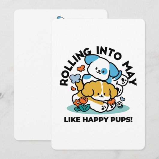 Rolling in mei als Happy Pups - Schattigee lenteho Feestdagenkaart (Voorkant / Achterkant)