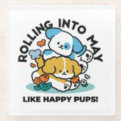 Rolling in mei als Happy Pups - Schattigee lenteho Glazen Onderzetter (Voorkant)